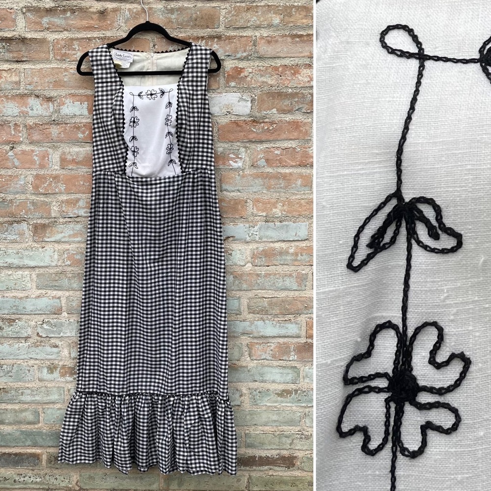 Vintage Maxi Dress 60s Black White Gingham Picnic Embroidered Bib Ruffle Hem